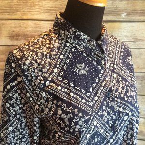 🤠Western Throwback Bandana Print Dark Navy Blue and White Long Sleeve Button Up